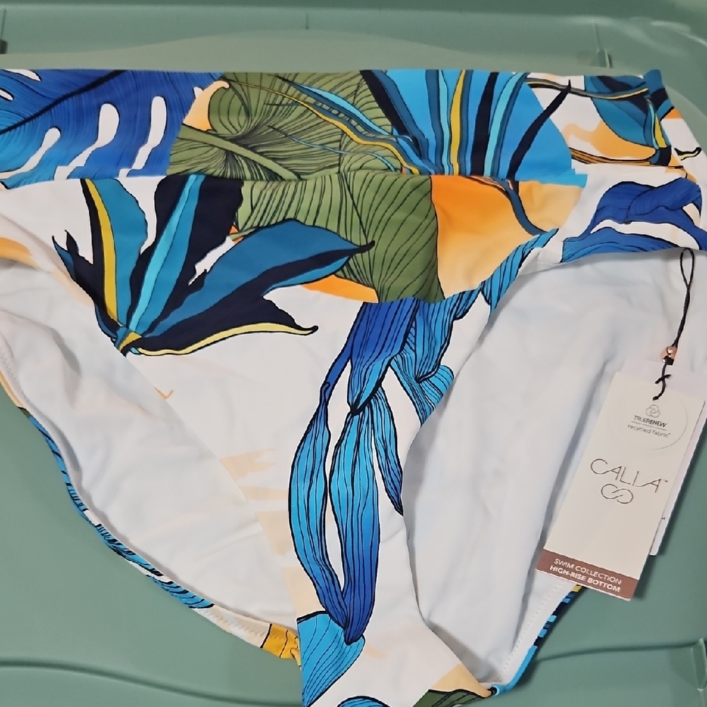 CALIA Women's Wide Banded High Rise Swim Bottoms: BOTANICAL PRINT WHITE: NWT: L